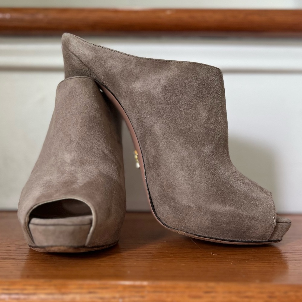 Prada grey suede high heel mules